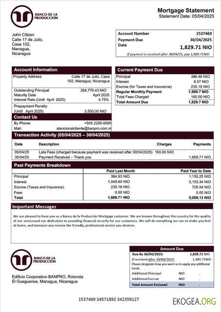 Nicaragua Banco de la Producción relevé hypothécaire Modèle Word et PDF